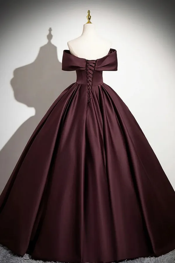 Lovely Off Shoulder Maroon Satin Long Party Dress, Maroon Prom Dress APP1008