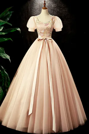 Lovely Tulle Sequins Long Prom Dress, A Line Short Sleeve Evening Party dress APP0821