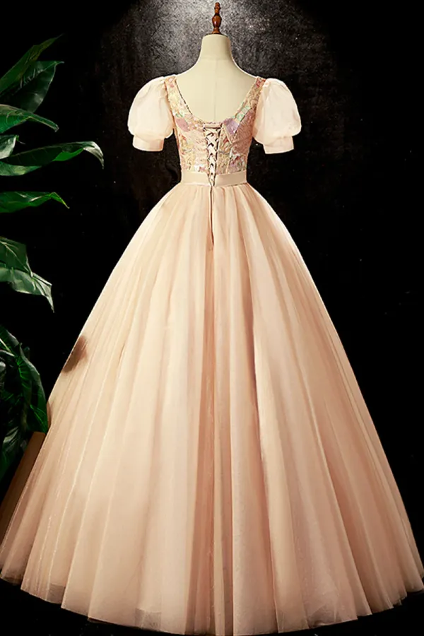 Lovely Tulle Sequins Long Prom Dress, A Line Short Sleeve Evening Party dress APP0821