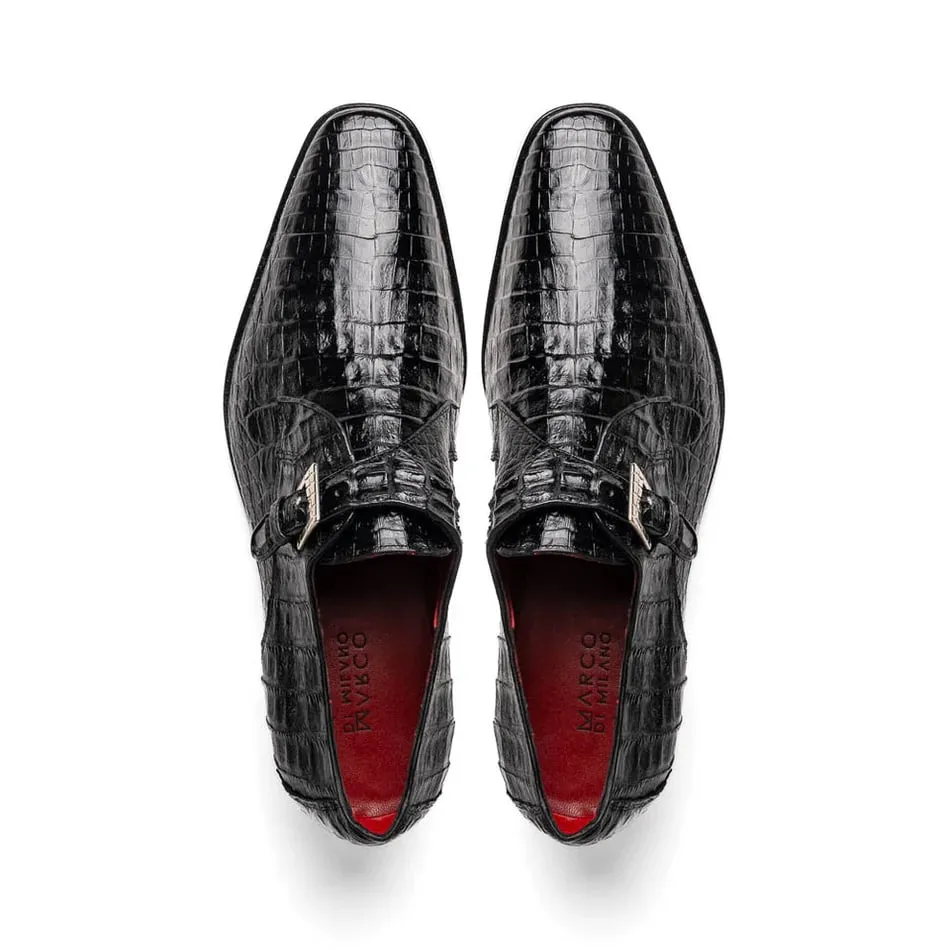 Marco Di Milano Rovigo Men' Shoes Black Genuine Caiman Crocodile Dress Single Monk-strap Loafers