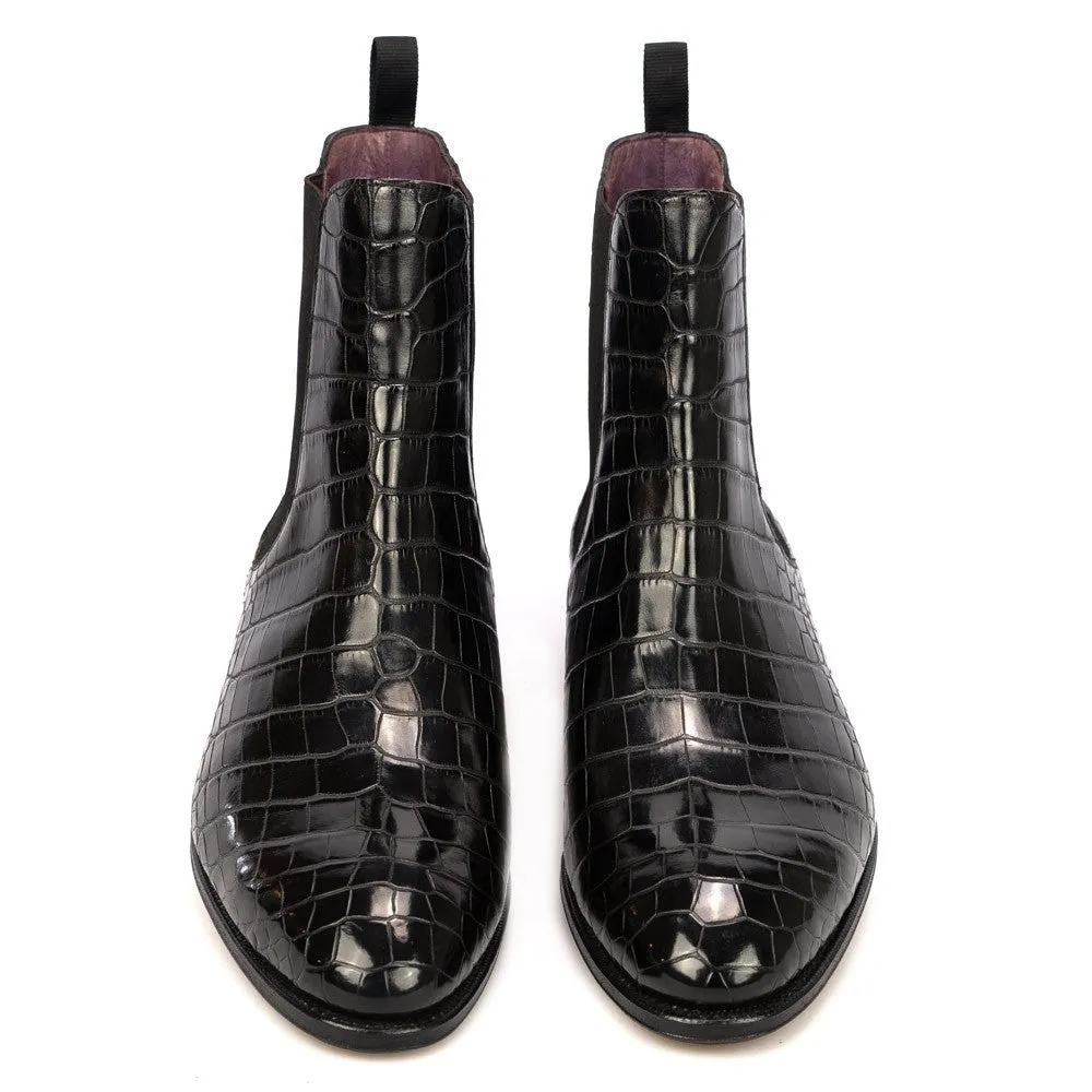 Men's High-Top Black Pointed Toe Crocodile Pattern Martin Boots