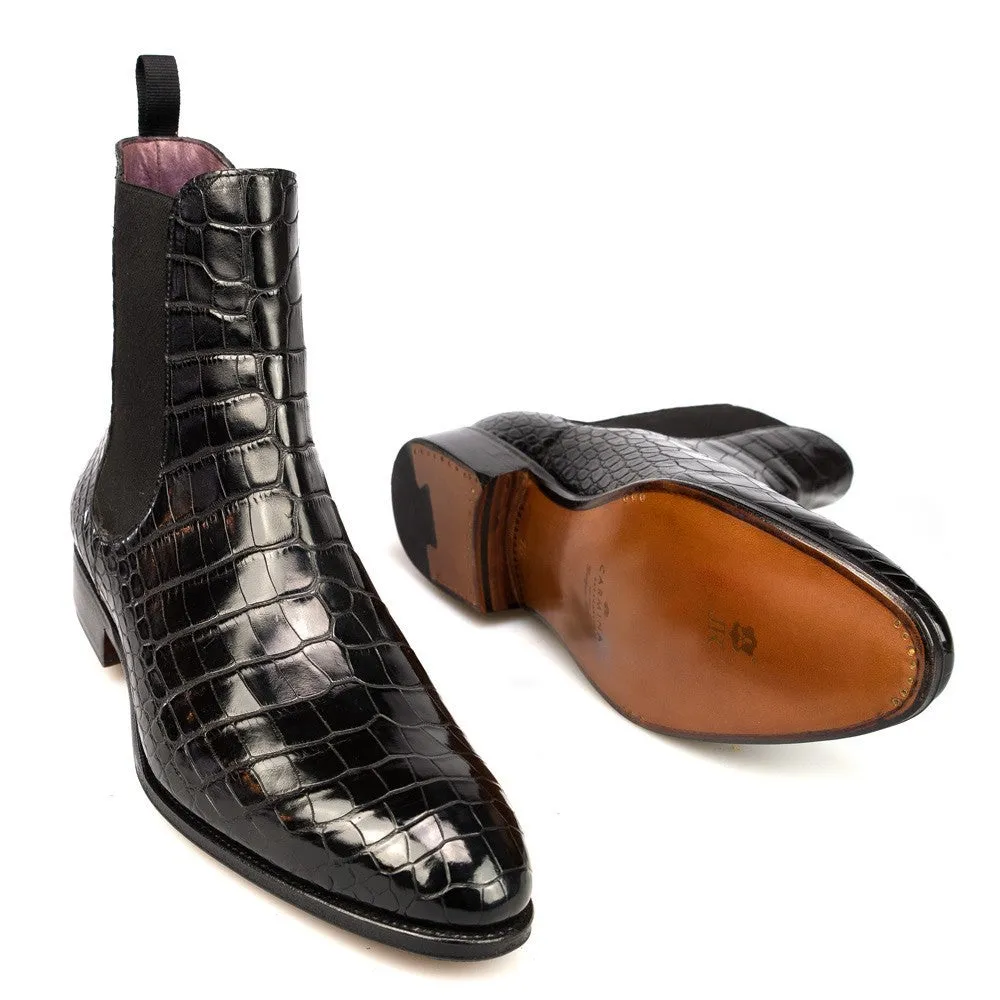 Men's High-Top Black Pointed Toe Crocodile Pattern Martin Boots