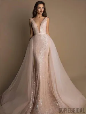 Mermaid Deep V-neck Sleeveless Sparkly Detachable Tulle Prom Dresses, PD0119