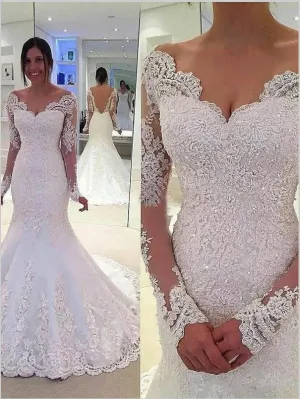 Mermaid Lace Tulle V-neck Long Sleeves Wedding Dresses