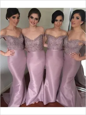 Mermaid Off Shoulder Satin Bridesmaid Dresses With Train Beading