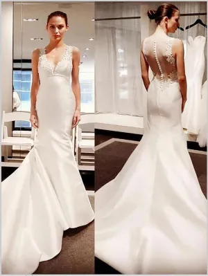 Mermaid Satin V-neck Wedding Dresses,Court Train Sleeveless Wedding Dresses