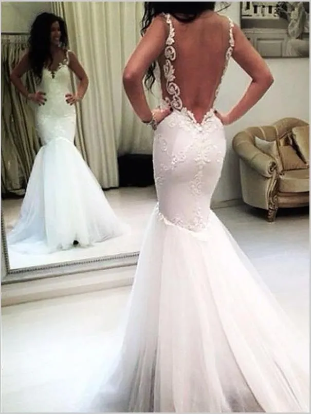 Mermaid Tulle Straps V-neck Wedding Dresses,Chapel Train Applique Wedding Dresses