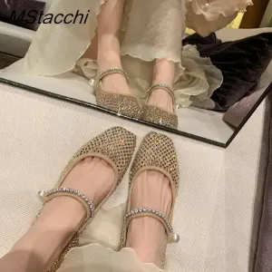 Mesh Crystal Pearl Flat Shoes Woman Square Toe Office Lady Luxury Shoes Big Size Mary Janes Shoes 2025 New Spring Single Shoes