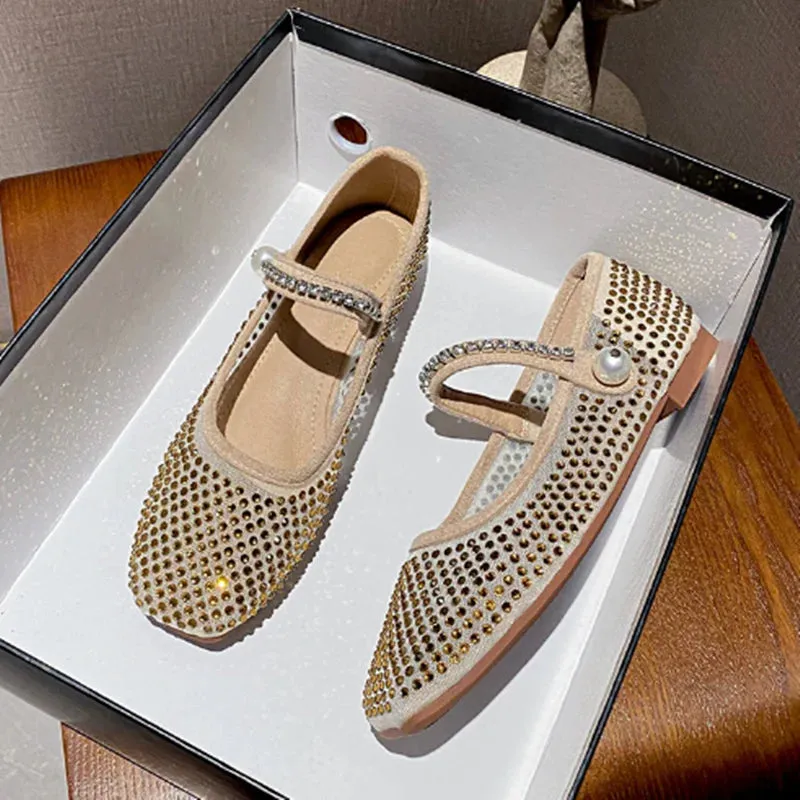 Mesh Crystal Pearl Flat Shoes Woman Square Toe Office Lady Luxury Shoes Big Size Mary Janes Shoes 2025 New Spring Single Shoes
