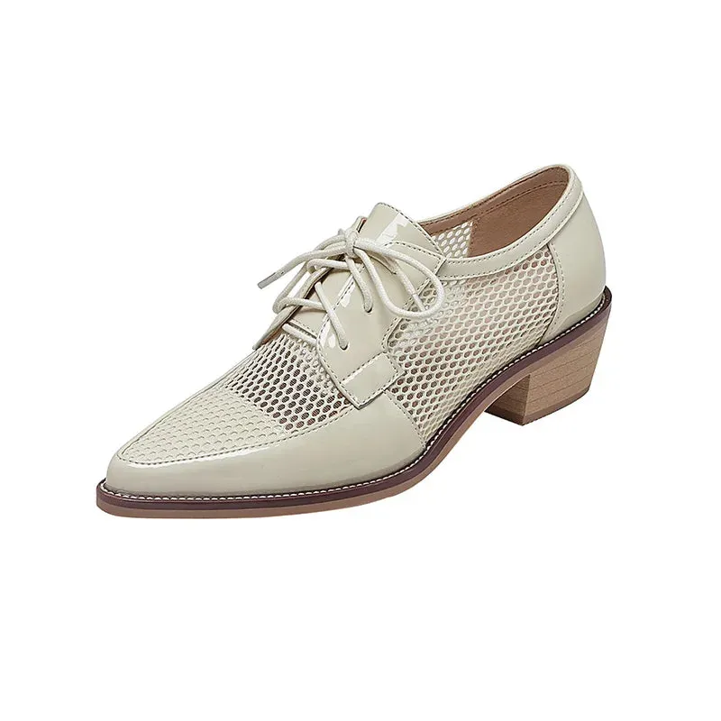 Mesh Net Cloth Oxfords Women's Shoes Lace-Up Ladies Flat Derby Genuine Leather Shoes Pointed Toe Lace-up Low Heels