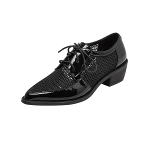 Mesh Net Cloth Oxfords Women's Shoes Lace-Up Ladies Flat Derby Genuine Leather Shoes Pointed Toe Lace-up Low Heels