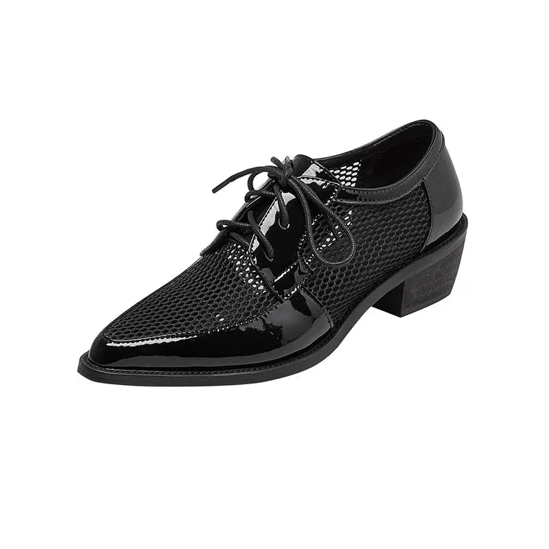 Mesh Net Cloth Oxfords Women's Shoes Lace-Up Ladies Flat Derby Genuine Leather Shoes Pointed Toe Lace-up Low Heels