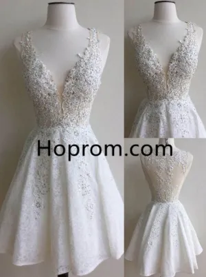 Mini A-Line V-Neck Lace Appliques Homecoming Dress with Beading