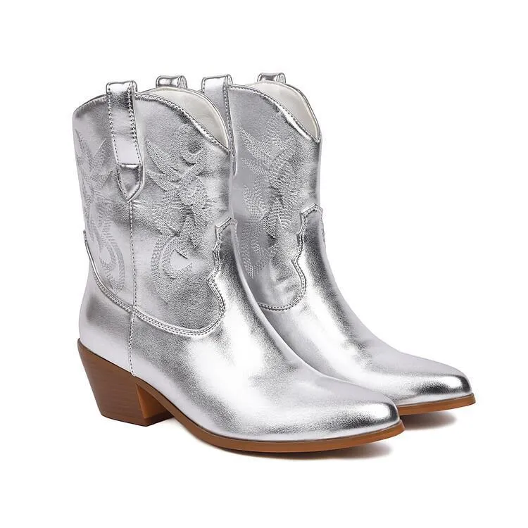 Mirror Patent Leather Embroidery Boots