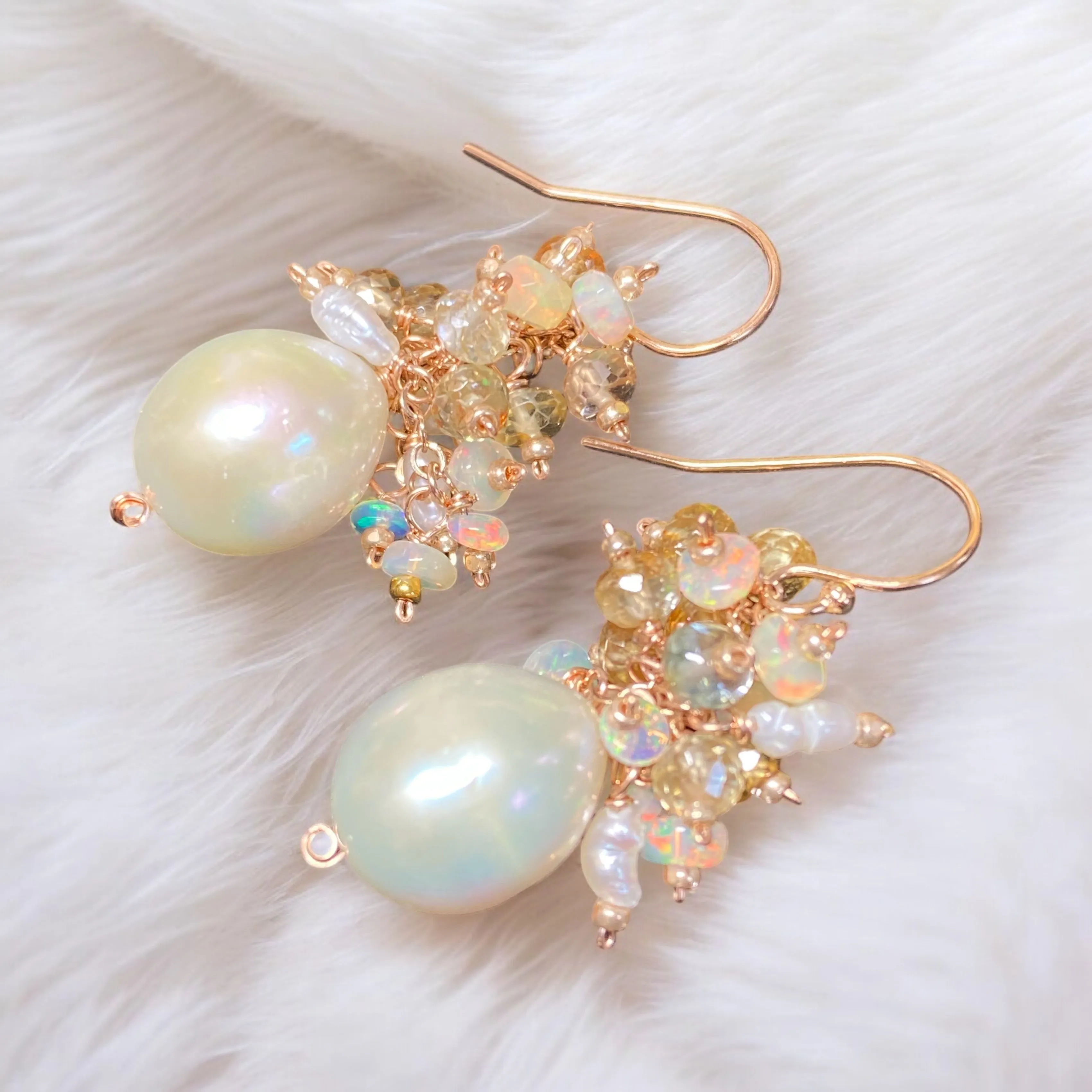 Natural Zircon Gemstone, Opal and Pearl Cluster Earrings, Rose Gold Fill
