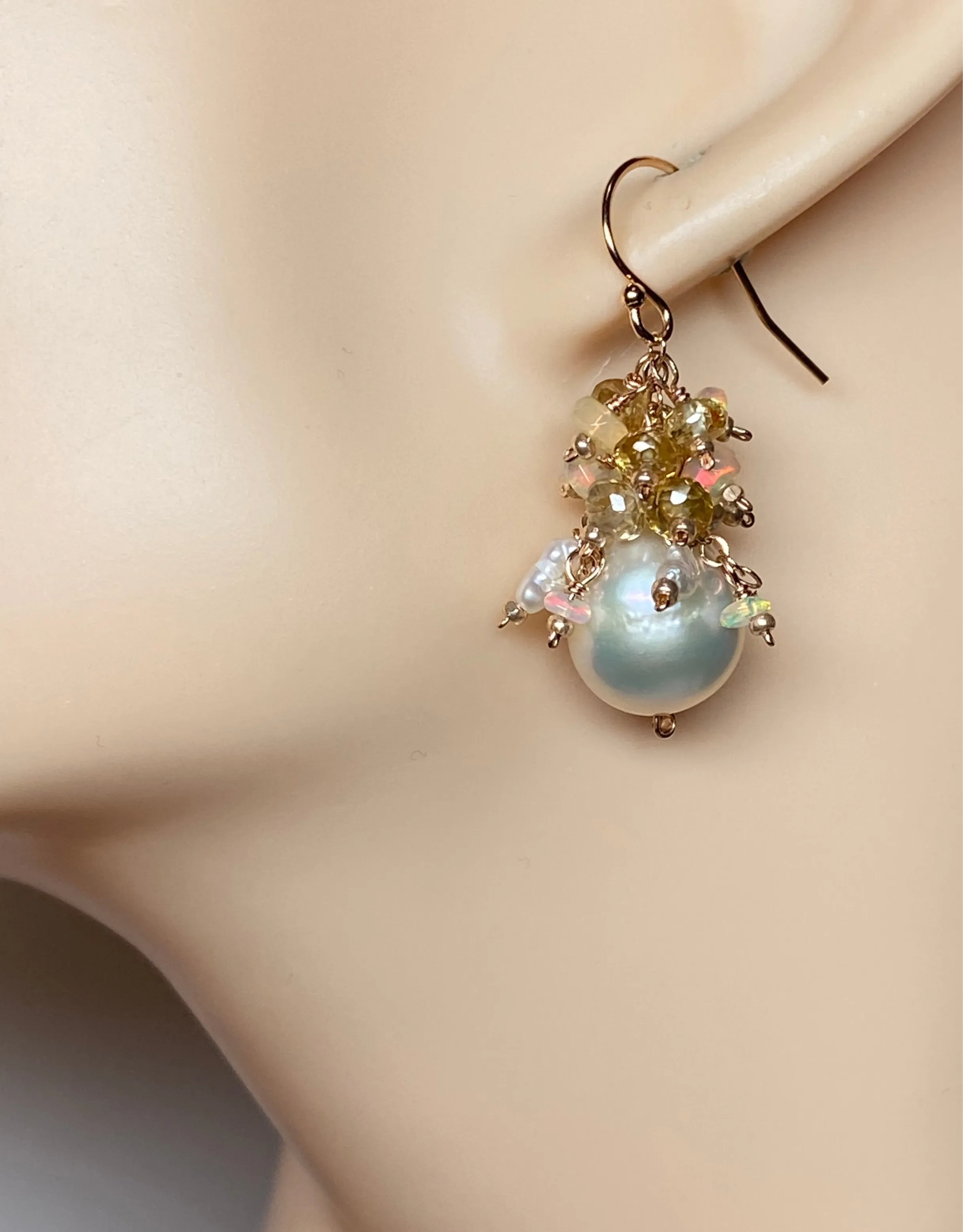 Natural Zircon Gemstone, Opal and Pearl Cluster Earrings, Rose Gold Fill