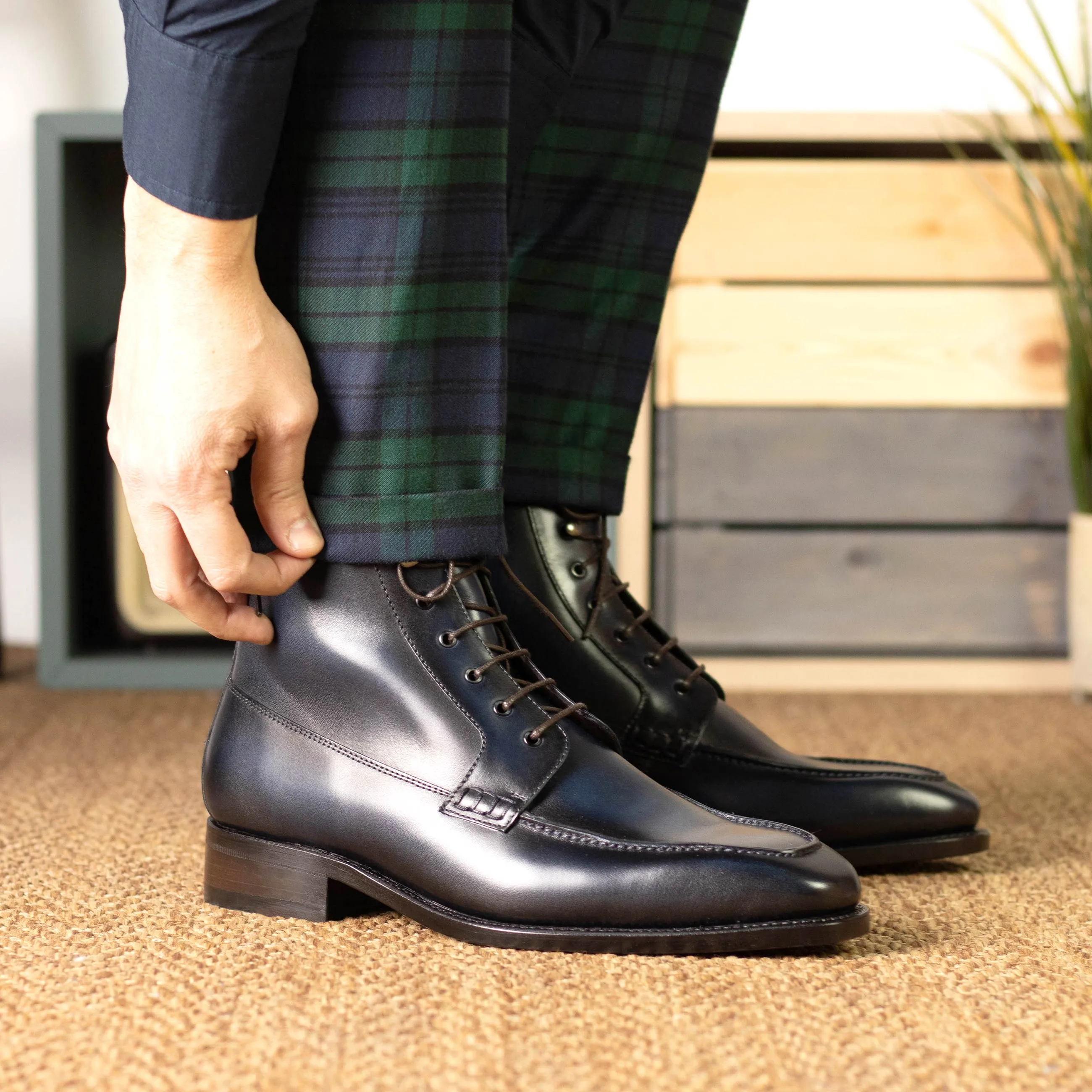 Navy Blue Calf Moc Toe Boots