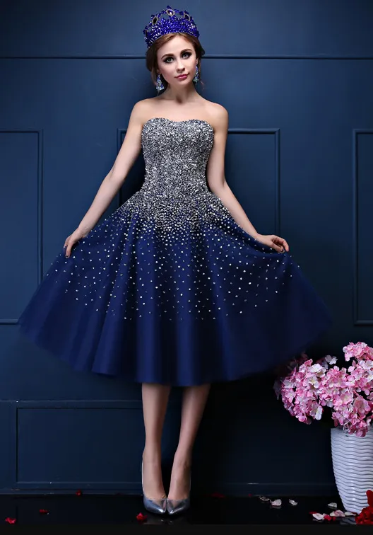 Navy Blue Sequins Sweetheart Tulle Knee Length Party Dresses, Blue Homecoming Dresses