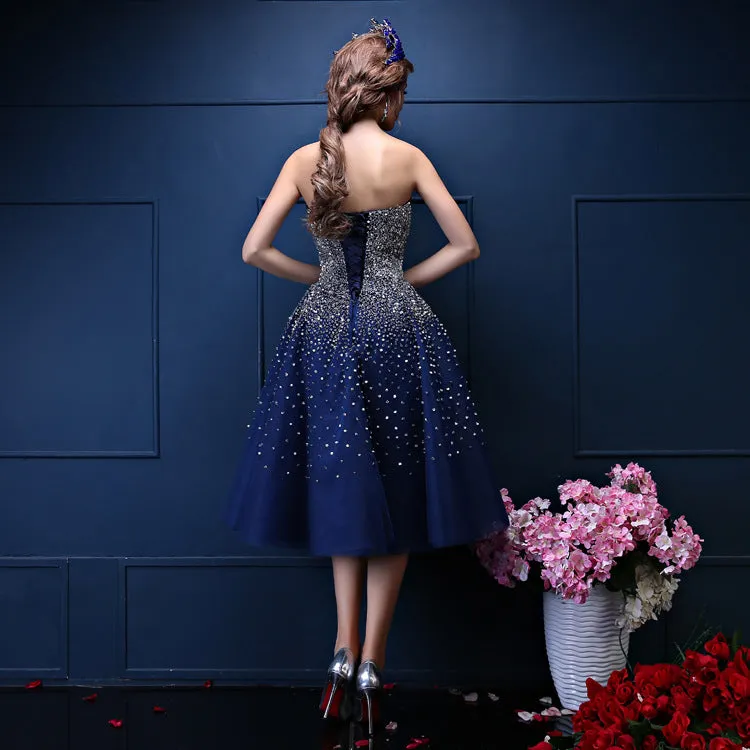 Navy Blue Sequins Sweetheart Tulle Knee Length Party Dresses, Blue Homecoming Dresses