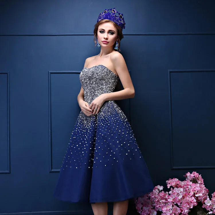 Navy Blue Sequins Sweetheart Tulle Knee Length Party Dresses, Blue Homecoming Dresses