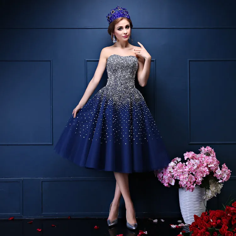 Navy Blue Sequins Sweetheart Tulle Knee Length Party Dresses, Blue Homecoming Dresses