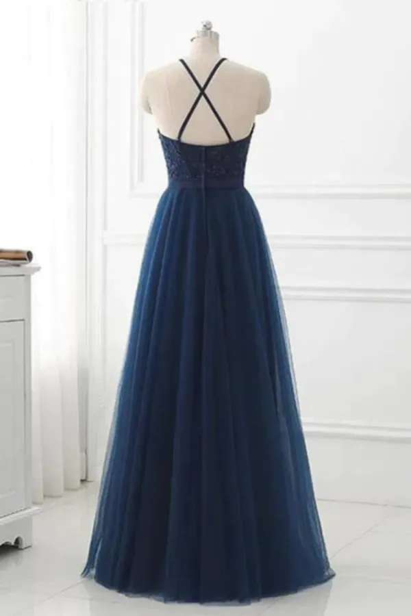 Navy Blue Tulle A Line Lace Appliques Halter Long Prom Dress, Party Dress APP0766