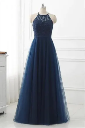 Navy Blue Tulle A Line Lace Appliques Halter Long Prom Dress, Party Dress APP0766