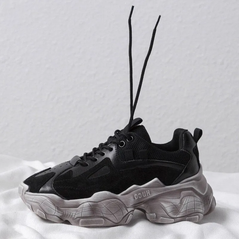New Genuine Leather Chunky Sneakers Women Plus Size 35-42 Platform Shoes Woman Distressed Sneakers Ladies Basket Femme