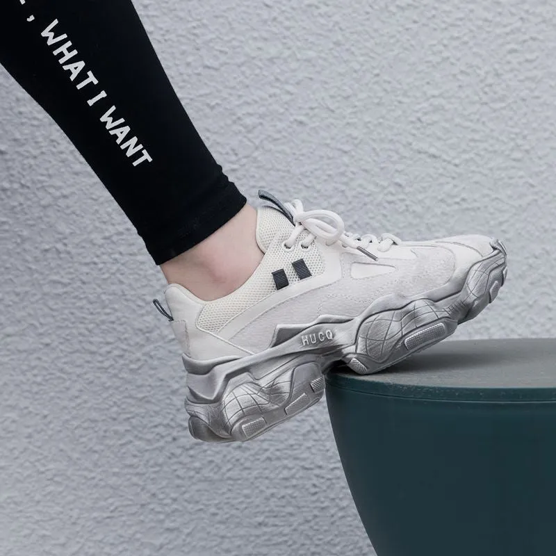 New Genuine Leather Chunky Sneakers Women Plus Size 35-42 Platform Shoes Woman Distressed Sneakers Ladies Basket Femme