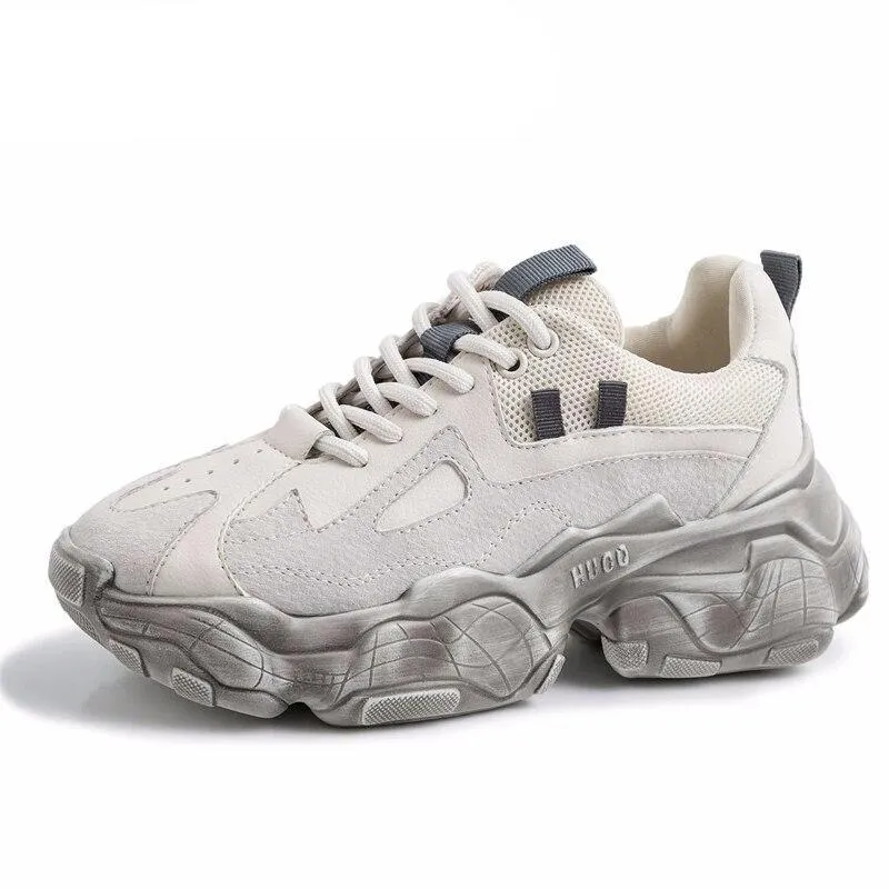 New Genuine Leather Chunky Sneakers Women Plus Size 35-42 Platform Shoes Woman Distressed Sneakers Ladies Basket Femme