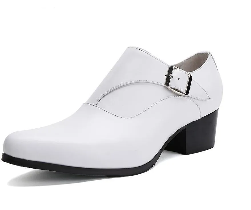 New mens genuine leather dress shoes high heels pointed toe height increase fashion wedding shoes white black career work shoes