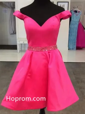 Off Shoulder Homehoming Dress, Pink Beadings Homehoming Dress