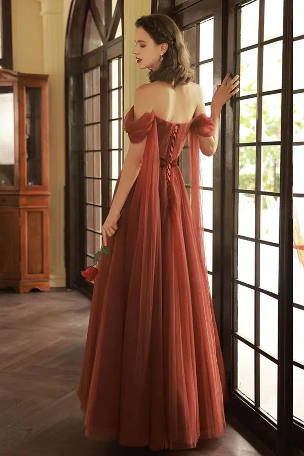 Off Shoulder Tulle Long Prom Dresses, Beautiful A Line Tulle Evening Dresses APP0940