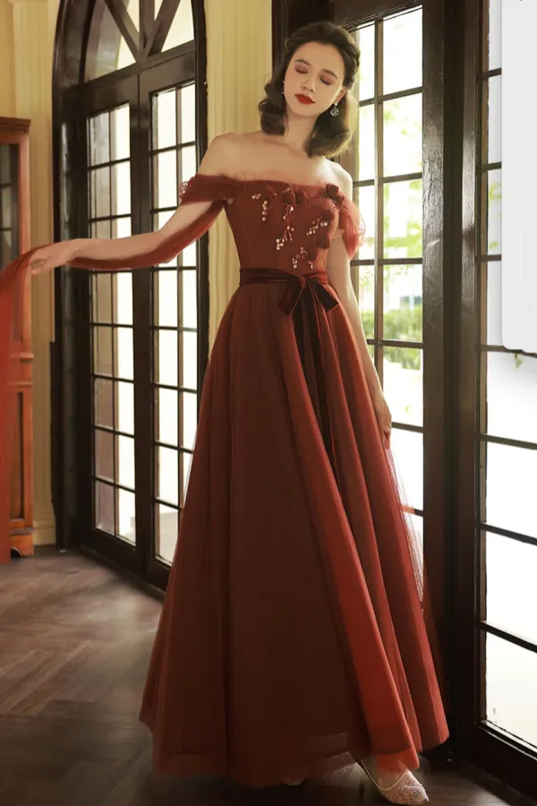 Off Shoulder Tulle Long Prom Dresses, Beautiful A Line Tulle Evening Dresses APP0940