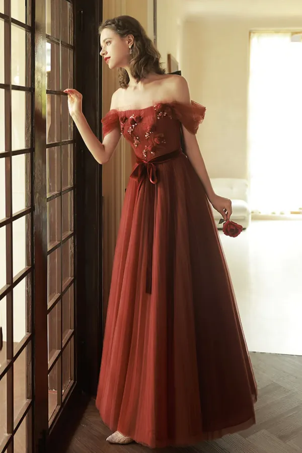 Off Shoulder Tulle Long Prom Dresses, Beautiful A Line Tulle Evening Dresses APP0940