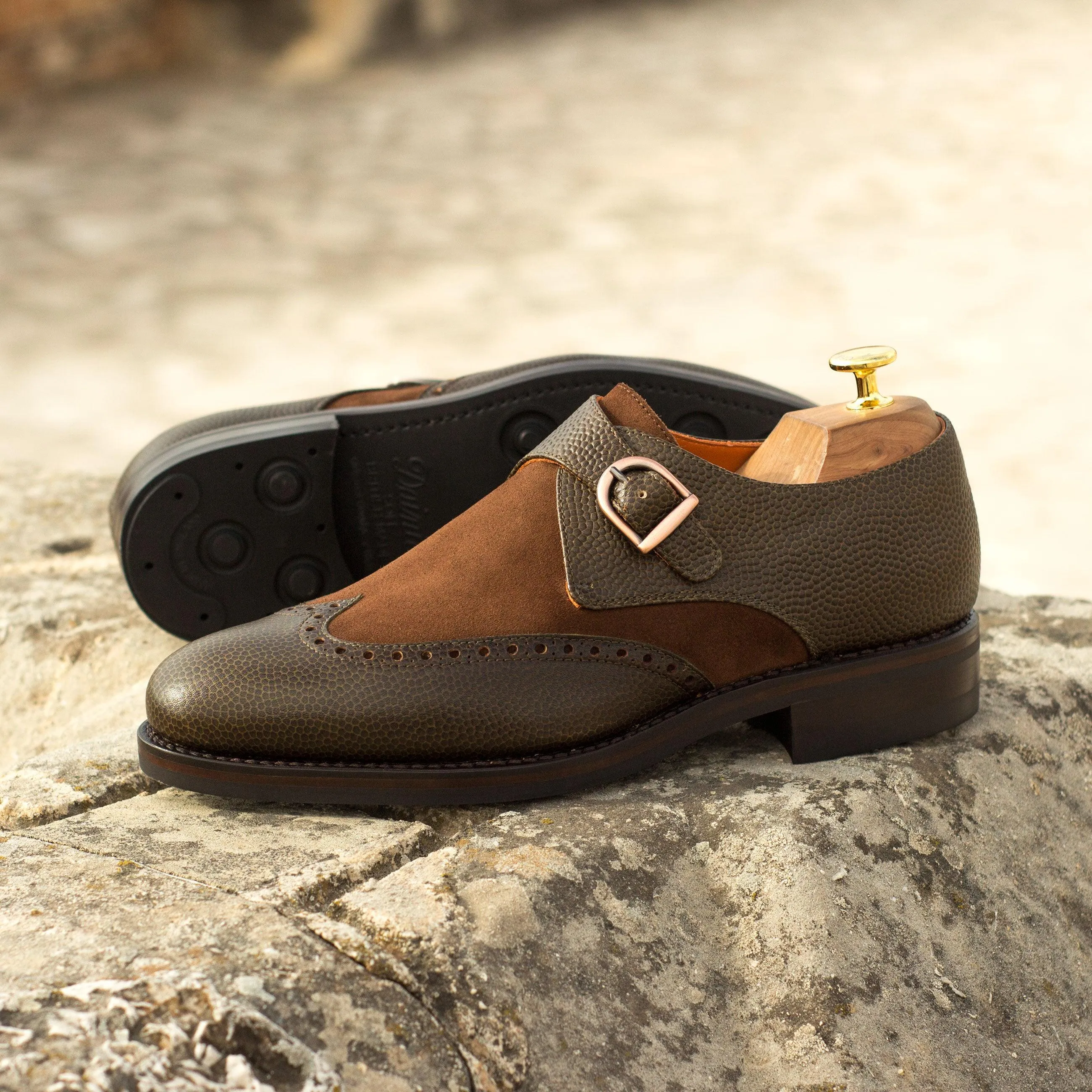 Olive Leather & Brown Suede Single Monk Shoes