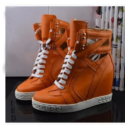 Patchwork Height Increasining Women Casual Shoes Wedges Sneakers Genuine Leather Metal Toe Pink Lace Up Platform Shoes Women