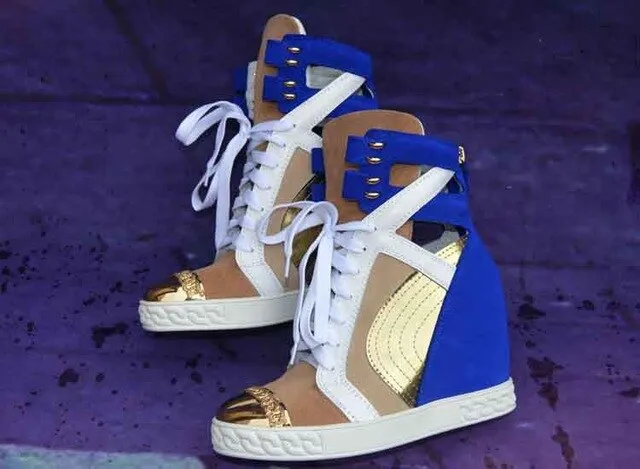 Patchwork Height Increasining Women Casual Shoes Wedges Sneakers Genuine Leather Metal Toe Pink Lace Up Platform Shoes Women