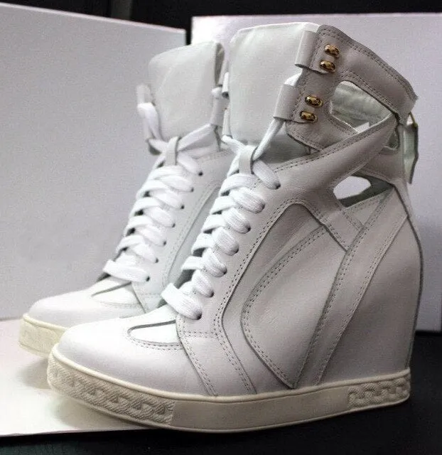 Patchwork Height Increasining Women Casual Shoes Wedges Sneakers Genuine Leather Metal Toe Pink Lace Up Platform Shoes Women