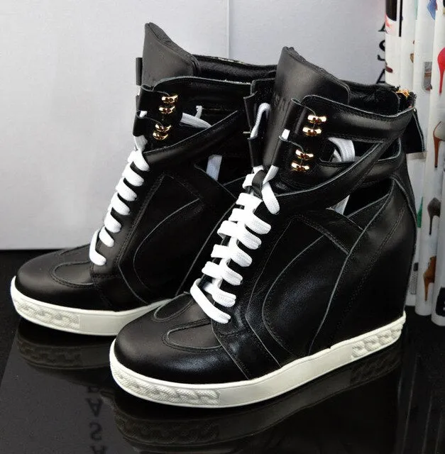 Patchwork Height Increasining Women Casual Shoes Wedges Sneakers Genuine Leather Metal Toe Pink Lace Up Platform Shoes Women