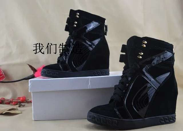 Patchwork Height Increasining Women Casual Shoes Wedges Sneakers Genuine Leather Metal Toe Pink Lace Up Platform Shoes Women