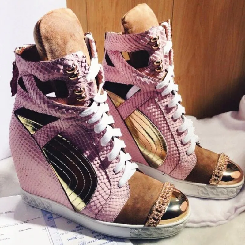 Patchwork Height Increasining Women Casual Shoes Wedges Sneakers Genuine Leather Metal Toe Pink Lace Up Platform Shoes Women