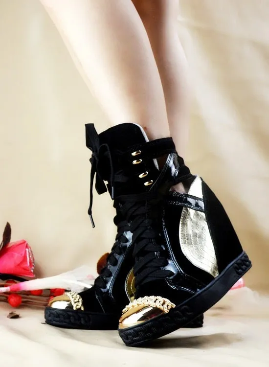 Patchwork Height Increasining Women Casual Shoes Wedges Sneakers Genuine Leather Metal Toe Pink Lace Up Platform Shoes Women