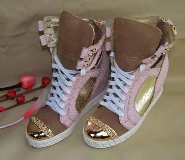 Patchwork Height Increasining Women Casual Shoes Wedges Sneakers Genuine Leather Metal Toe Pink Lace Up Platform Shoes Women