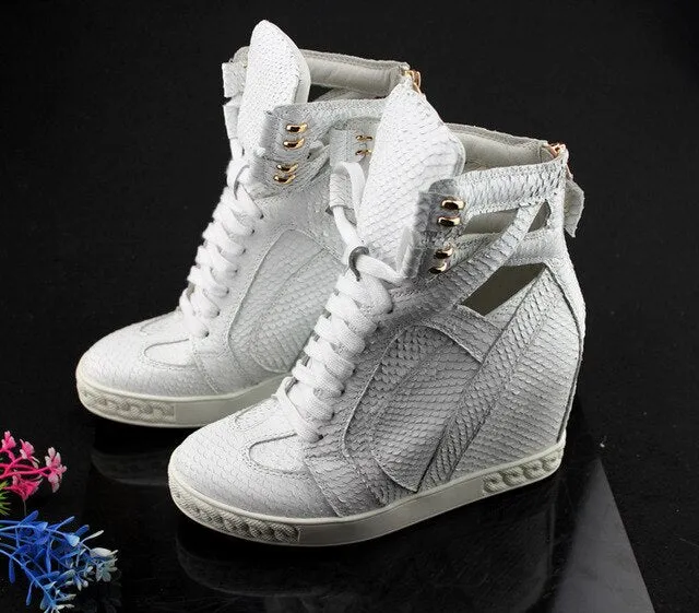Patchwork Height Increasining Women Casual Shoes Wedges Sneakers Genuine Leather Metal Toe Pink Lace Up Platform Shoes Women