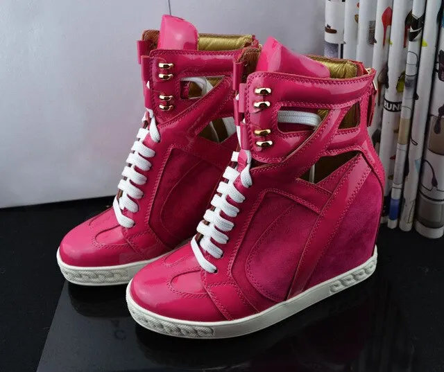 Patchwork Height Increasining Women Casual Shoes Wedges Sneakers Genuine Leather Metal Toe Pink Lace Up Platform Shoes Women