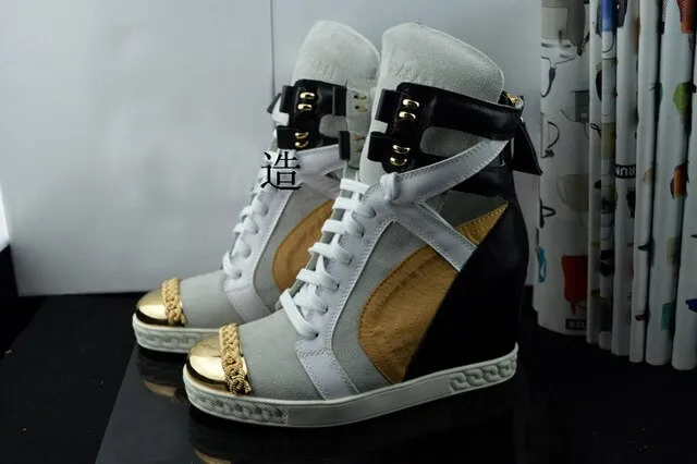 Patchwork Height Increasining Women Casual Shoes Wedges Sneakers Genuine Leather Metal Toe Pink Lace Up Platform Shoes Women