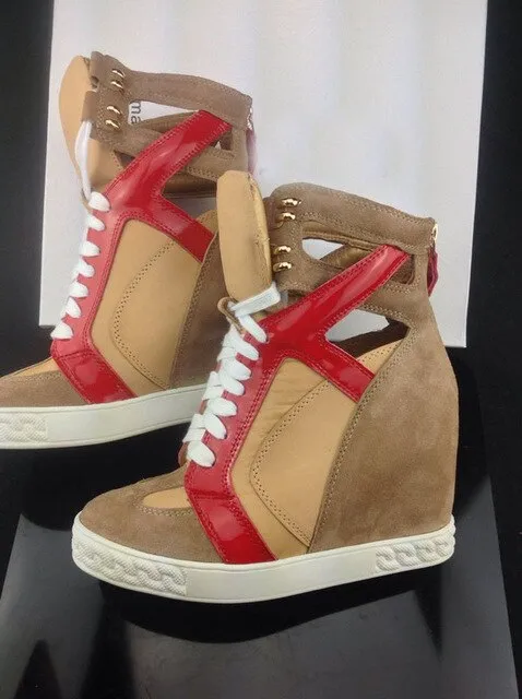 Patchwork Height Increasining Women Casual Shoes Wedges Sneakers Genuine Leather Metal Toe Pink Lace Up Platform Shoes Women