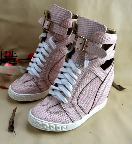 Patchwork Height Increasining Women Casual Shoes Wedges Sneakers Genuine Leather Metal Toe Pink Lace Up Platform Shoes Women