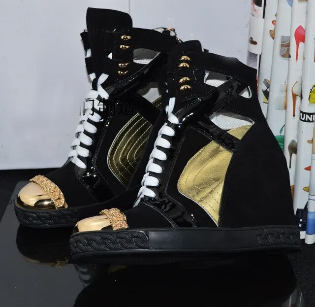 Patchwork Height Increasining Women Casual Shoes Wedges Sneakers Genuine Leather Metal Toe Pink Lace Up Platform Shoes Women